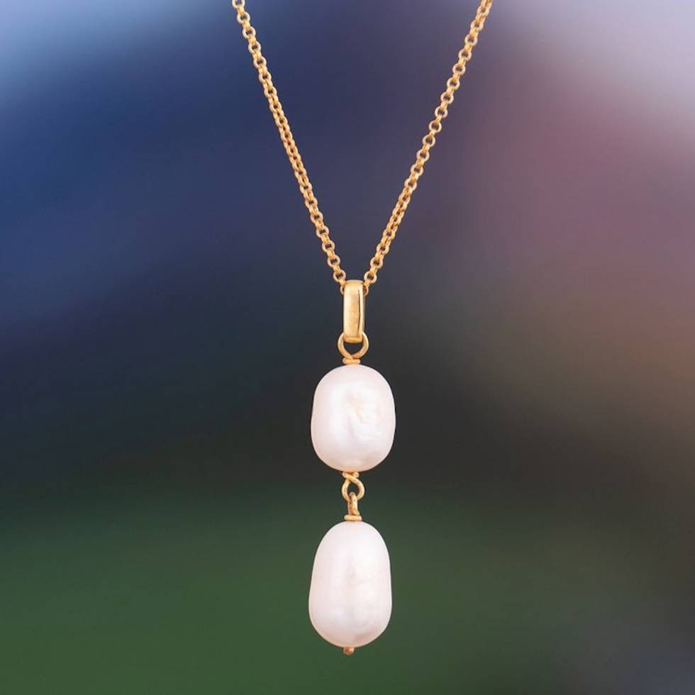Polished 18k Gold-Plated Silver-White Pearl Pendant Necklace 'Radiant Duo'