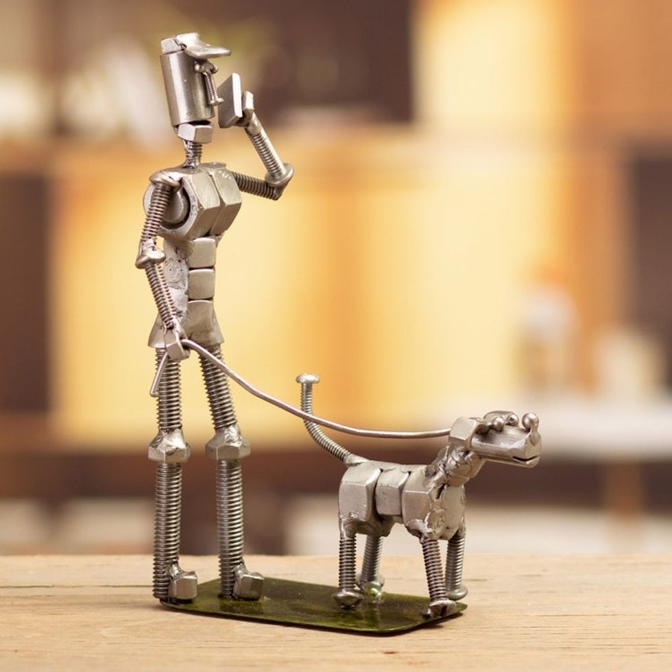 Eco-Friendly Recycled Metal Sculpture of Man and Dog 'Eco Walk'
