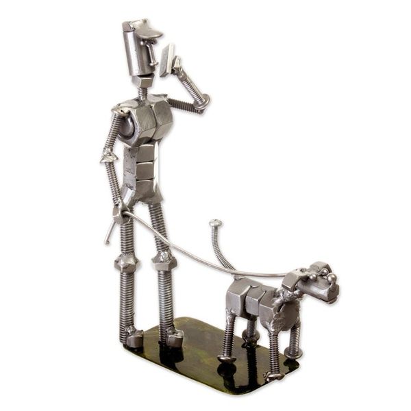 Alternate image for Eco-Friendly Recycled Metal Sculpture of Man and Dog Eco Walk