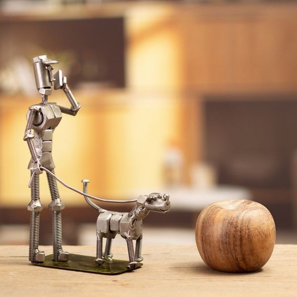 Alternate image for Eco-Friendly Recycled Metal Sculpture of Man and Dog Eco Walk
