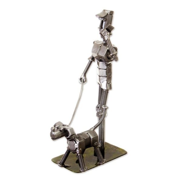 Alternate image for Eco-Friendly Recycled Metal Sculpture of Man and Dog Eco Walk