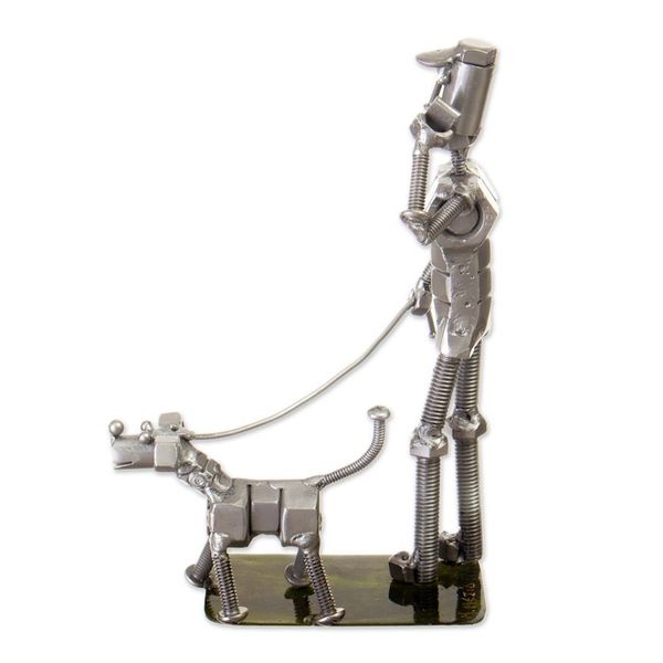 Alternate image for Eco-Friendly Recycled Metal Sculpture of Man and Dog Eco Walk