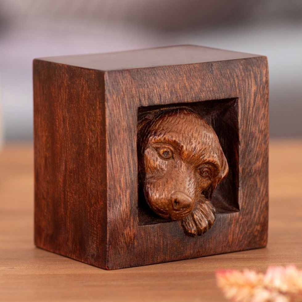 Puppy Dog-Themed Whimsical Hand-Carved Cedarwood Sculpture 'Playful Puppy'