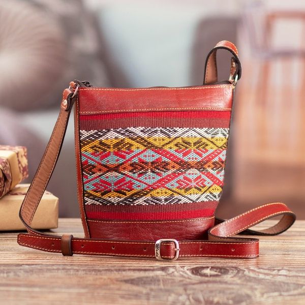 Alternate image for Red Leather Bucket Bag with Handwoven Alpaca Blend Accent Andean Allure