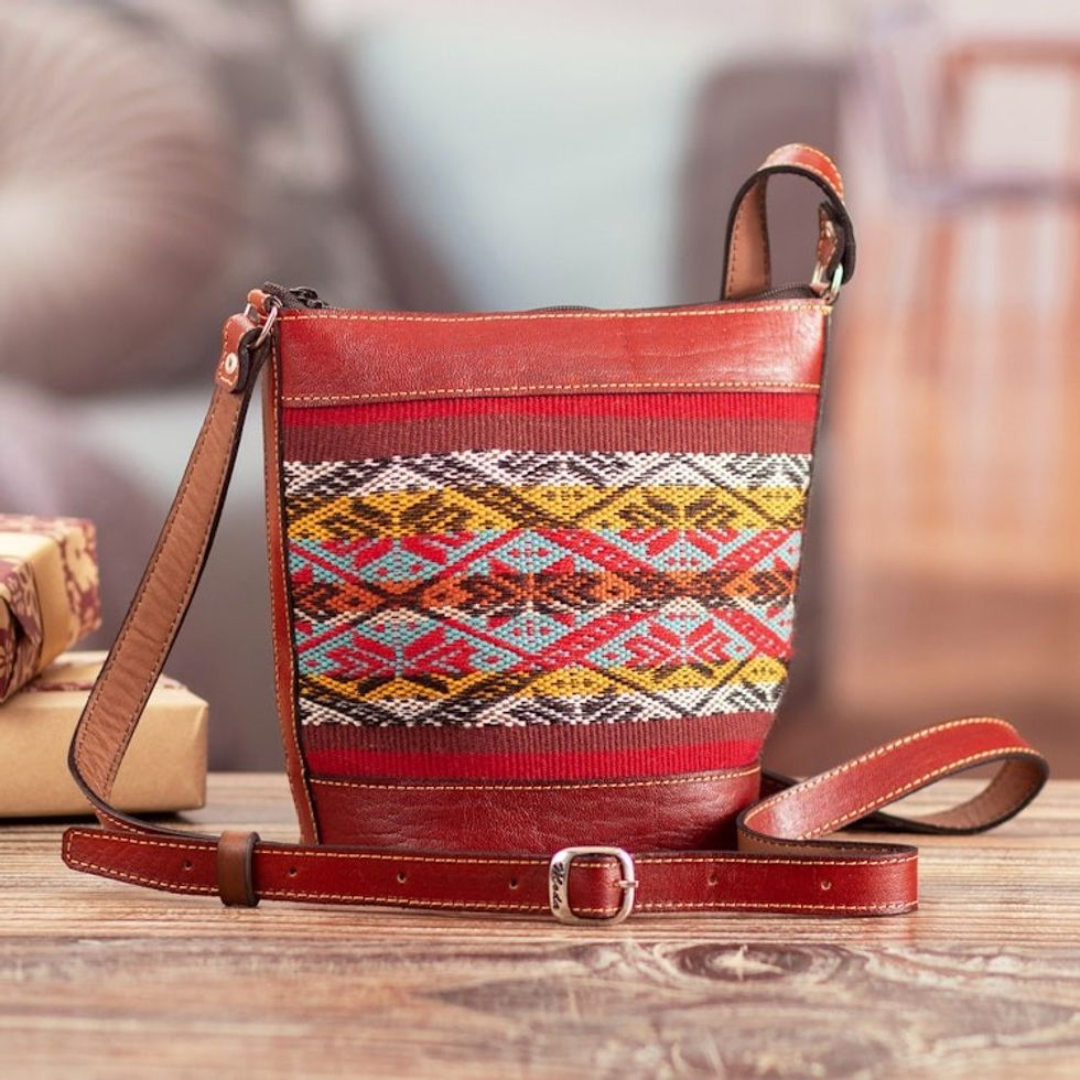 Red Leather Bucket Bag with Handwoven Alpaca Blend Accent 'Andean Allure'