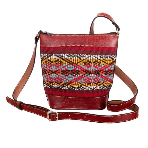 Alternate image for Red Leather Bucket Bag with Handwoven Alpaca Blend Accent Andean Allure