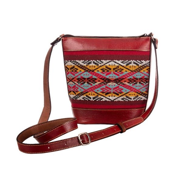 Alternate image for Red Leather Bucket Bag with Handwoven Alpaca Blend Accent Andean Allure