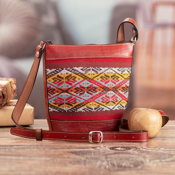 Alternate image for Red Leather Bucket Bag with Handwoven Alpaca Blend Accent Andean Allure