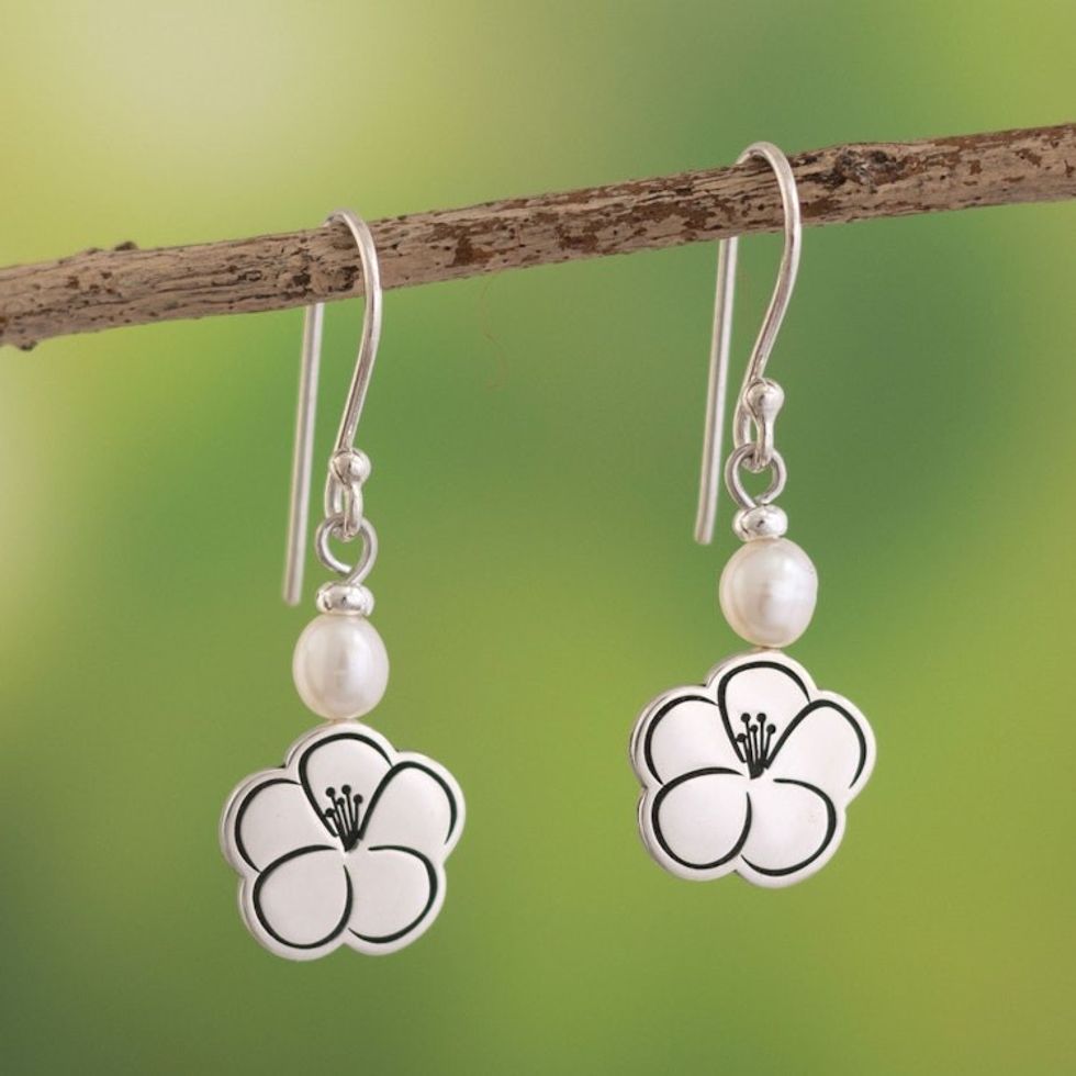 Original Sterling Silver Earrings with Cultured Pearls 'Flower Sketch'