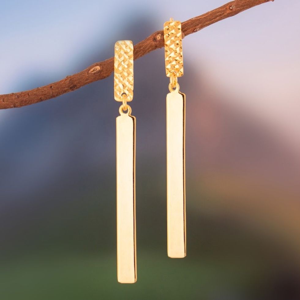 Modern Gold-Plated Dangle Earrings with Textured Finish 'Splendidly Stylized'