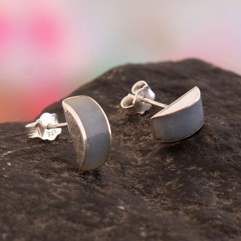 Minimalist Sterling Silver Stud Earrings with Angelite Gems 'Avant-Garde Spirit'