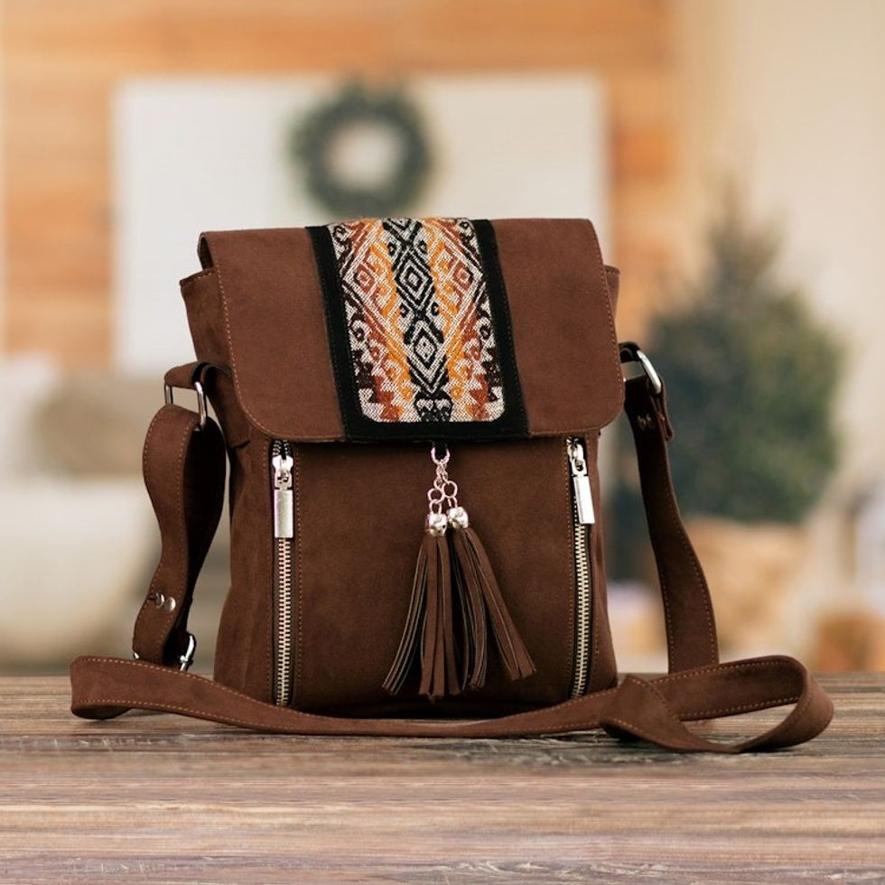Chocolate Cotton Sling Bag with Inca-Inspired Wool Textile 'Chocolate Civilization'
