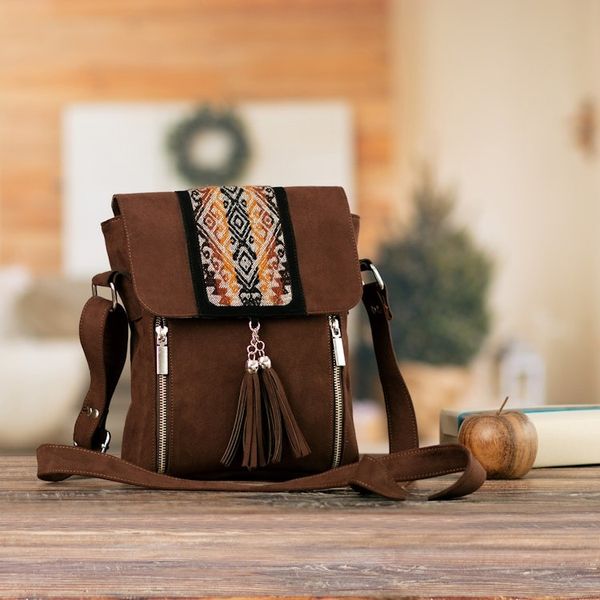 Alternate image for Chocolate Cotton Sling Bag with Inca-Inspired Wool Textile Chocolate Civilization