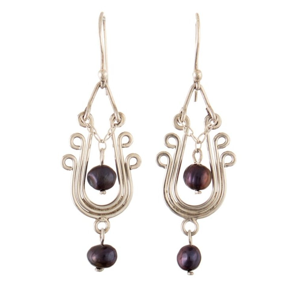 Sterling Silver Dangle Earrings with Peacock Cultured Pearls 'Peacock Look'