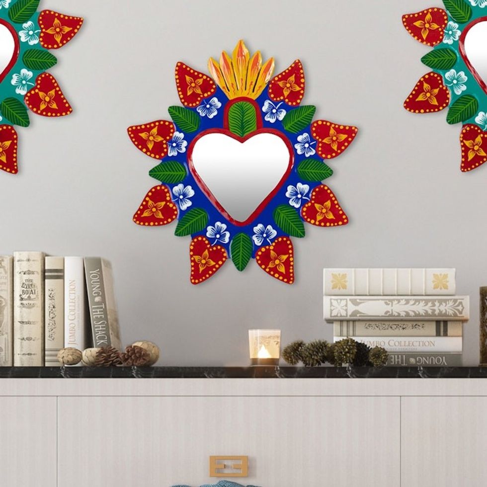 Hand-Painted Recycled Metal Wall Mirror Floral Heart Motifs 'Soul of the Andes'