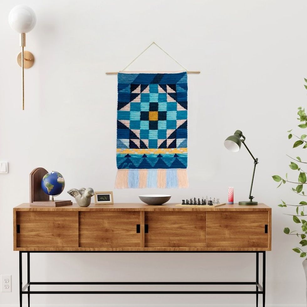 Handwoven Geometric Wool Tapestry in Cool Shades from Peru 'Inca Portal'