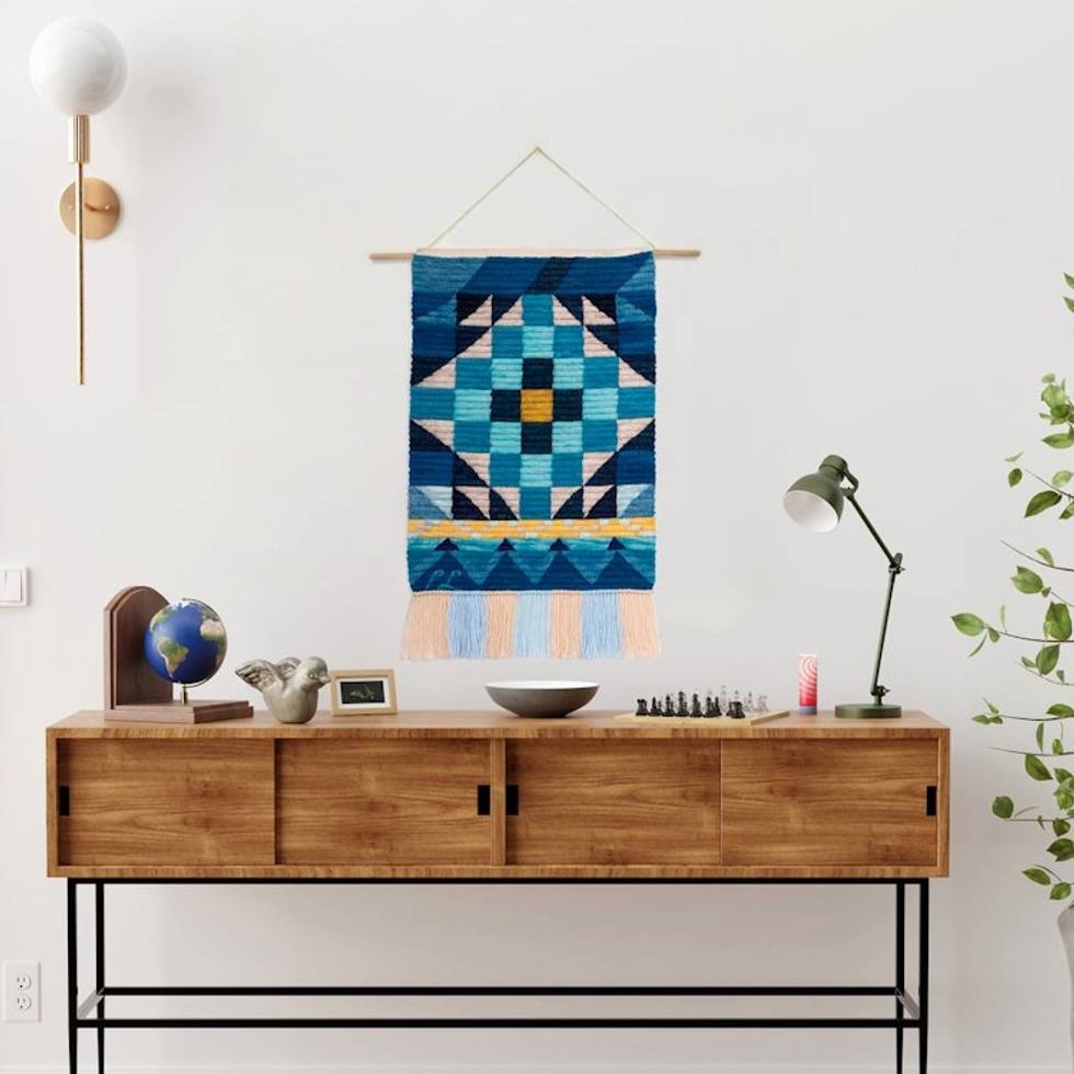 Handwoven Geometric Wool Tapestry in Cool Shades from Peru 'Inca Portal'