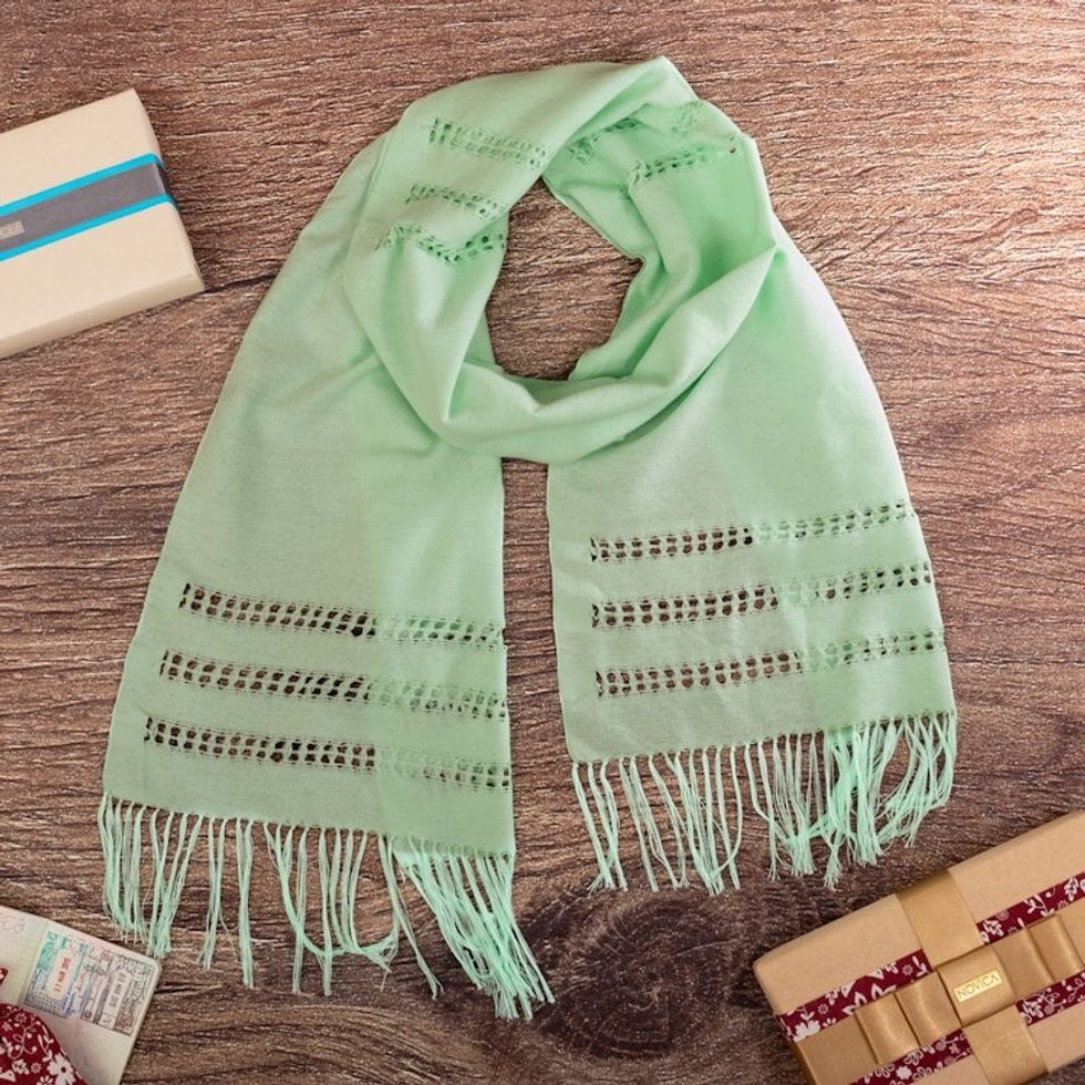Handloomed Mint Green Fringed Cotton Scarf from Peru 'Bright Mint'