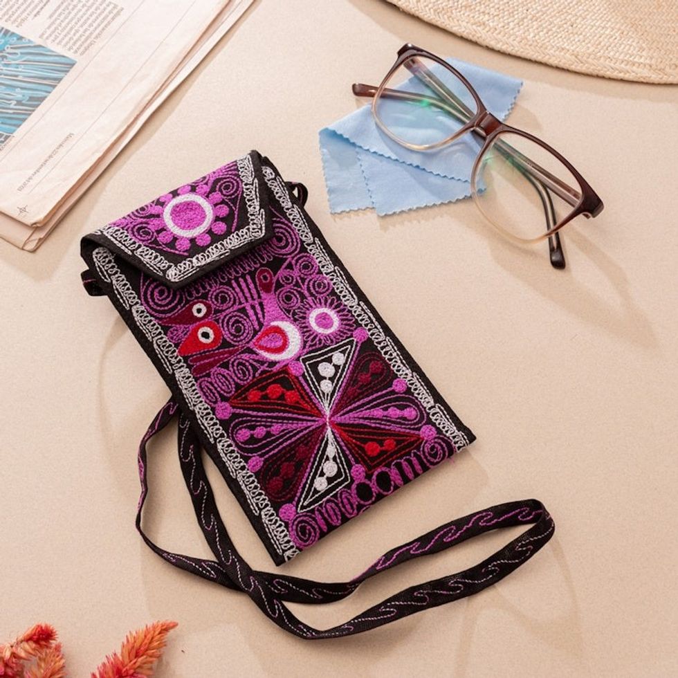 Artisan-Made Embroidered Eyeglasses Case Bag in Magenta Hues 'Magenta Enchantment'