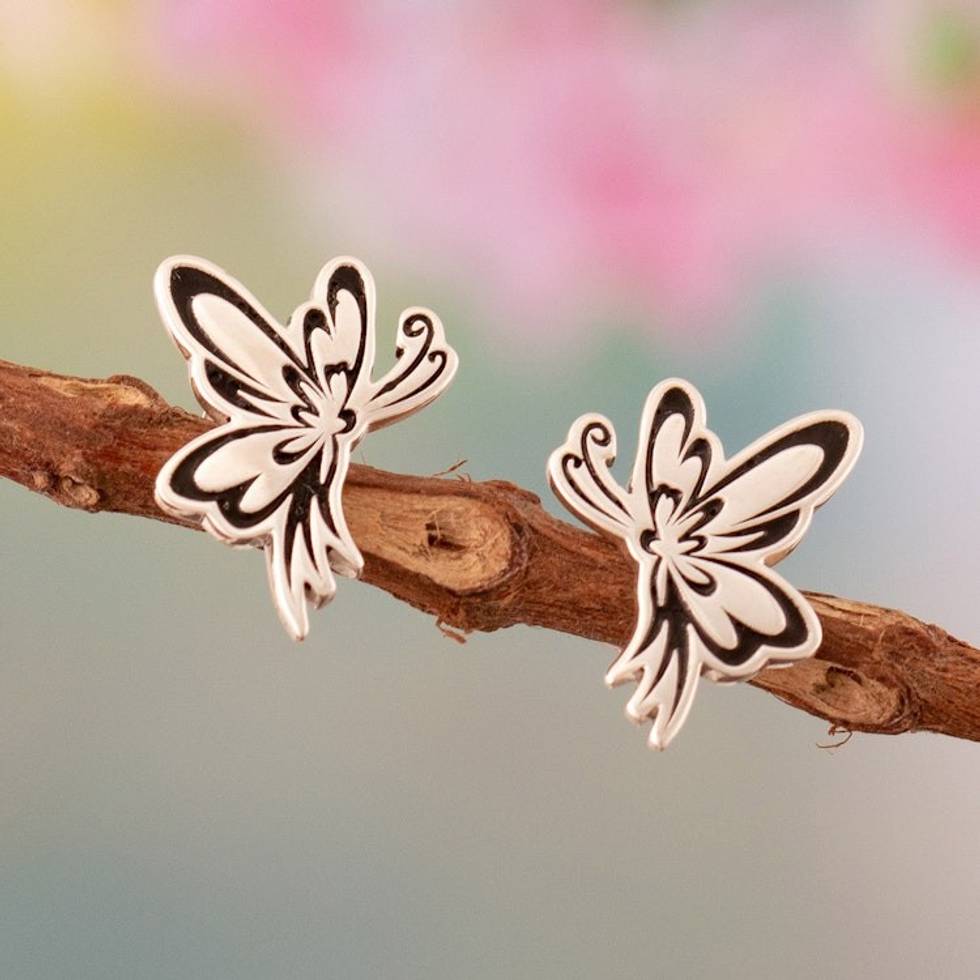 Sterling Silver Butterfly Button Earrings from Andes 'Precious Transformation'