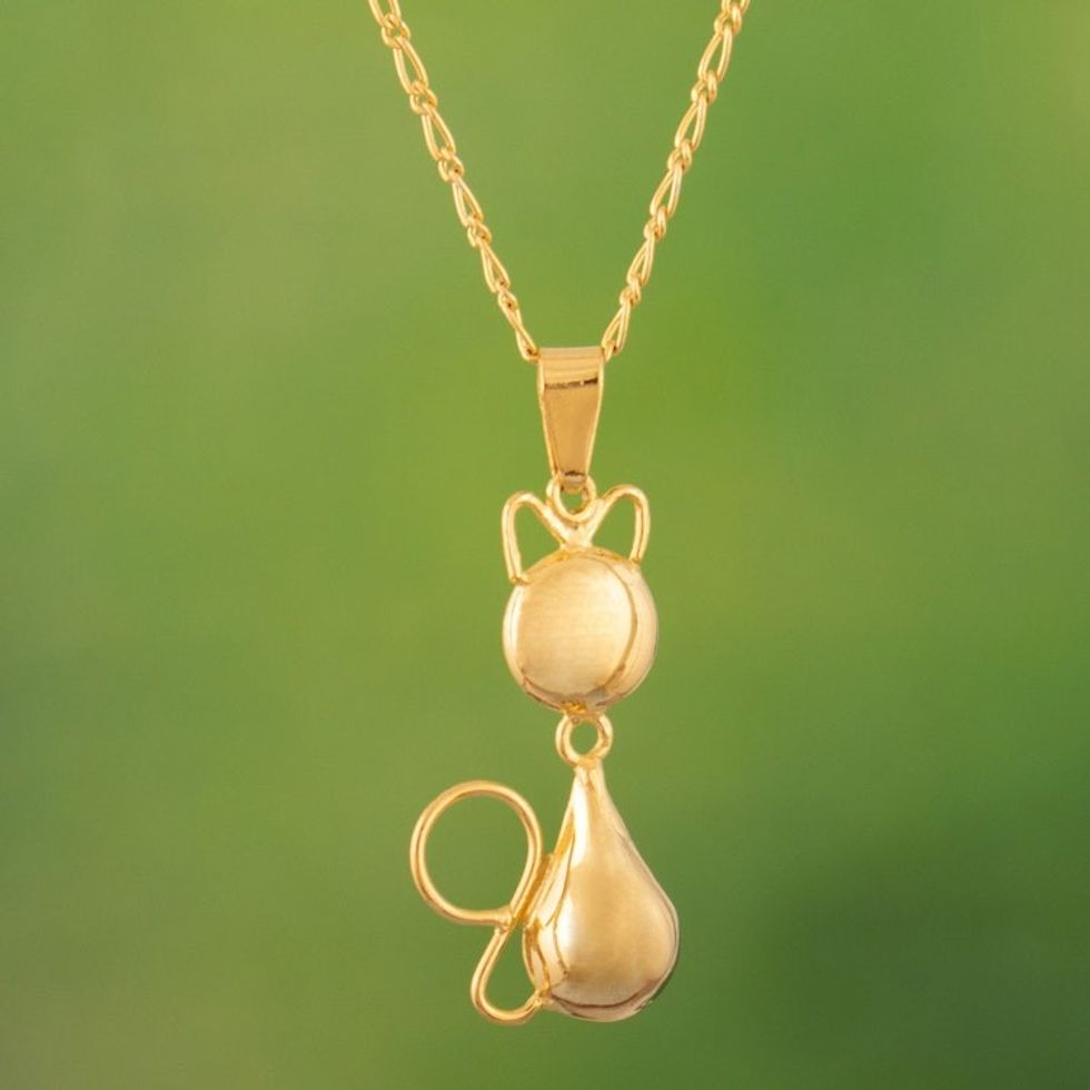 Cat-Themed Gold-Plated Pendant Necklace Handmade in Peru 'Delightful Pussycat'