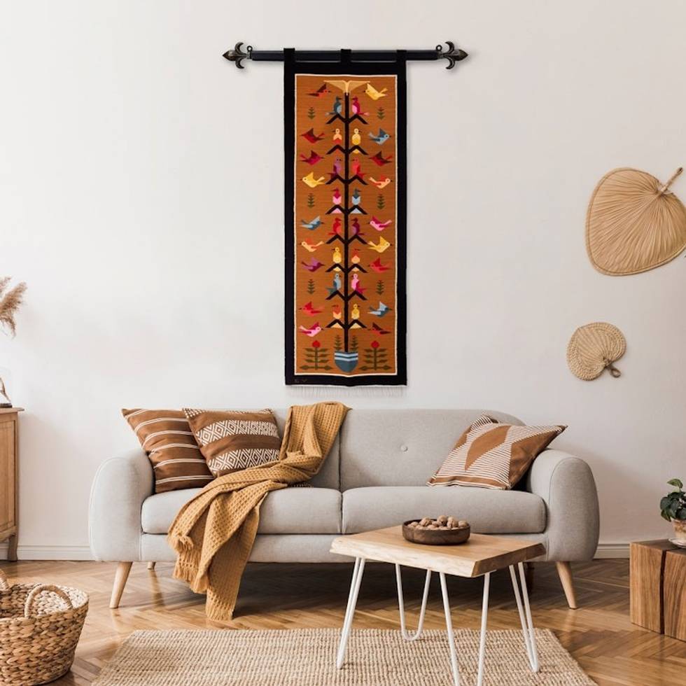 Colorful Handwoven Andean Wool Tapestry with Bird Motifs 'Hummingbird Tree'