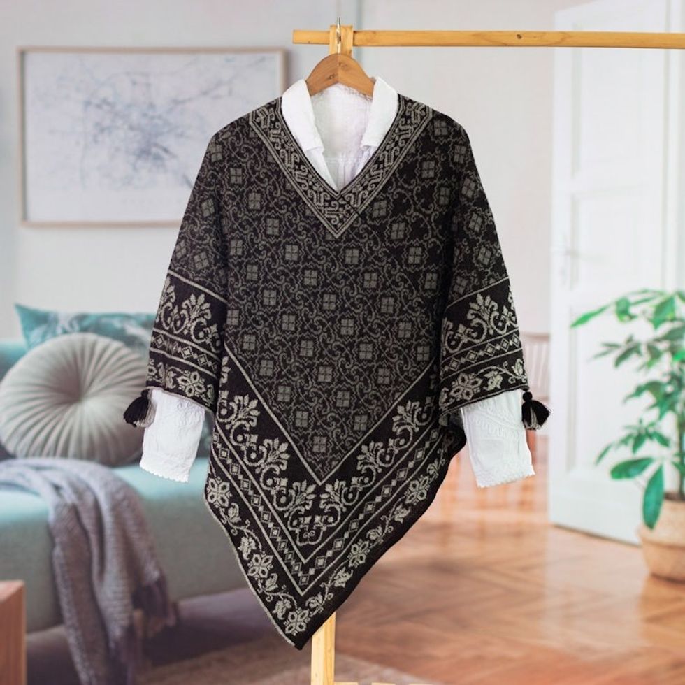Geometric and Floral 100 Alpaca Poncho in Black and Grey 'Cuzco Mountains'
