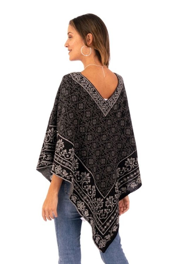 Alternate image for Geometric and Floral 100 Alpaca Poncho in Black and Grey Cuzco Mountains