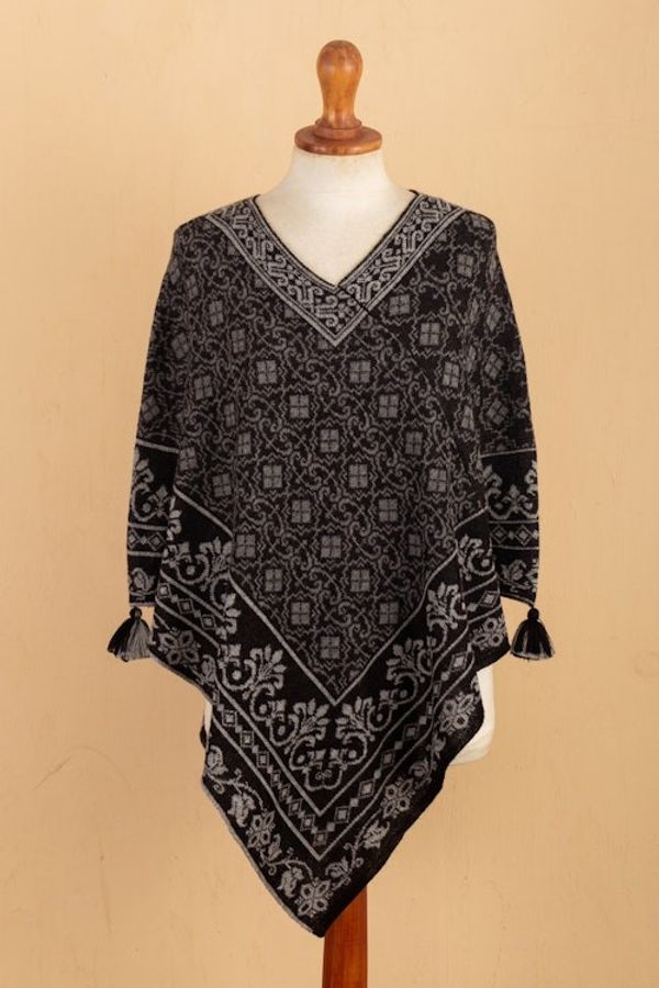 Alternate image for Geometric and Floral 100 Alpaca Poncho in Black and Grey Cuzco Mountains