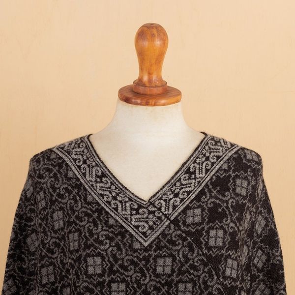 Alternate image for Geometric and Floral 100 Alpaca Poncho in Black and Grey Cuzco Mountains