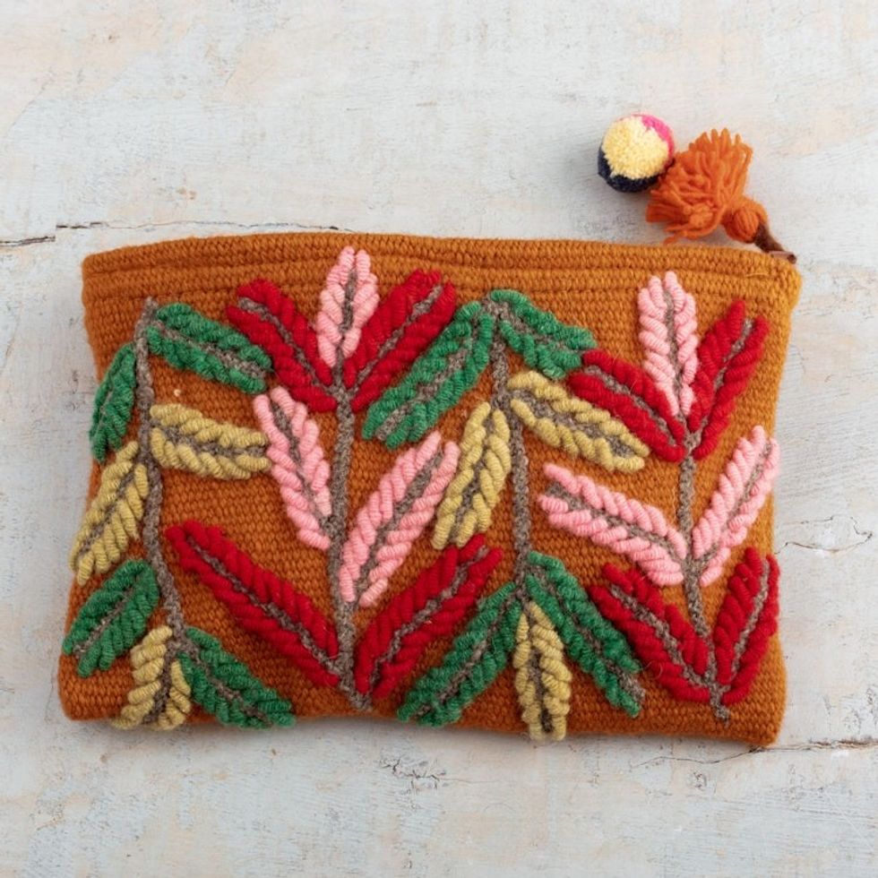 Handcrafted 100 Alpaca Cosmetic Bag with Leafy Embroidery 'Warm Prosperity'