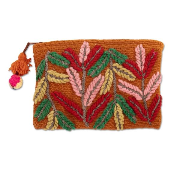Alternate image for Handcrafted 100 Alpaca Cosmetic Bag with Leafy Embroidery Warm Prosperity