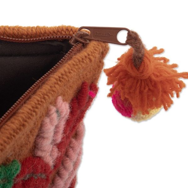Alternate image for Handcrafted 100 Alpaca Cosmetic Bag with Leafy Embroidery Warm Prosperity
