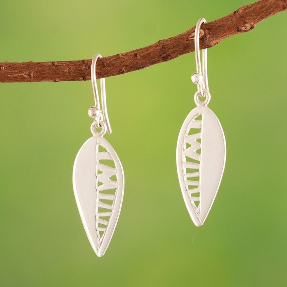 Sterling Silver Leaf Dangle Earrings with Openwork Accents 'Leaf Morphology'