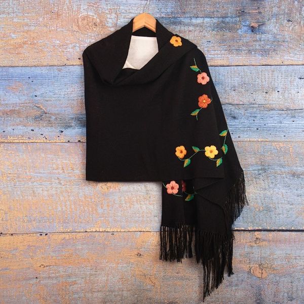 Alternate image for Spring-Themed Embroidered Onyx Alpaca Blend Fringed Shawl Days of Onyx Spring