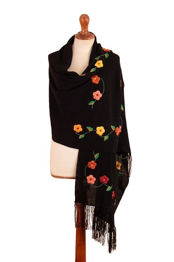 Alternate image for Spring-Themed Embroidered Onyx Alpaca Blend Fringed Shawl Days of Onyx Spring