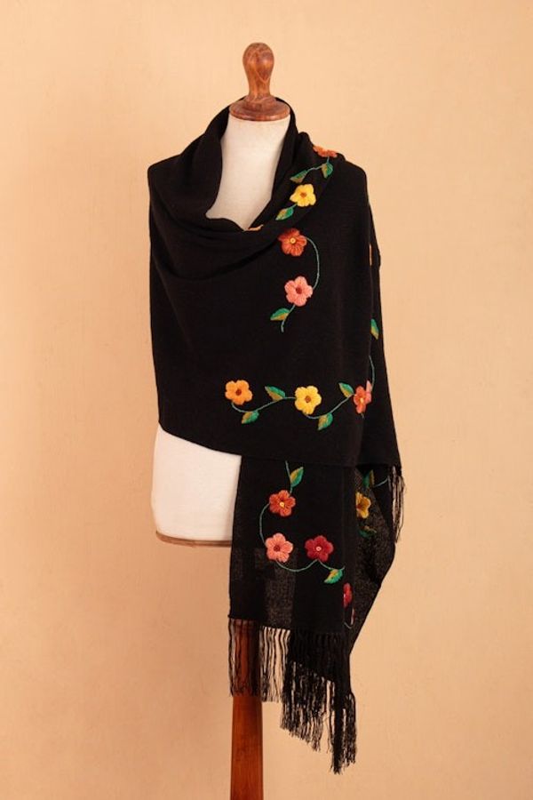 Alternate image for Spring-Themed Embroidered Onyx Alpaca Blend Fringed Shawl Days of Onyx Spring