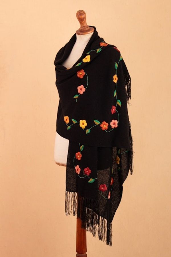 Alternate image for Spring-Themed Embroidered Onyx Alpaca Blend Fringed Shawl Days of Onyx Spring