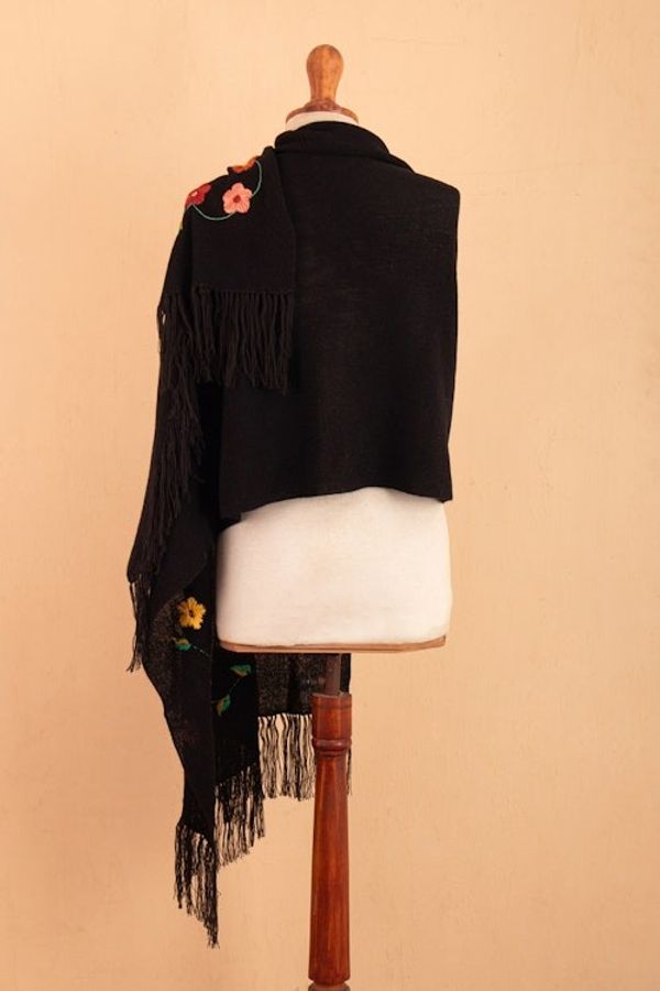 Alternate image for Spring-Themed Embroidered Onyx Alpaca Blend Fringed Shawl Days of Onyx Spring