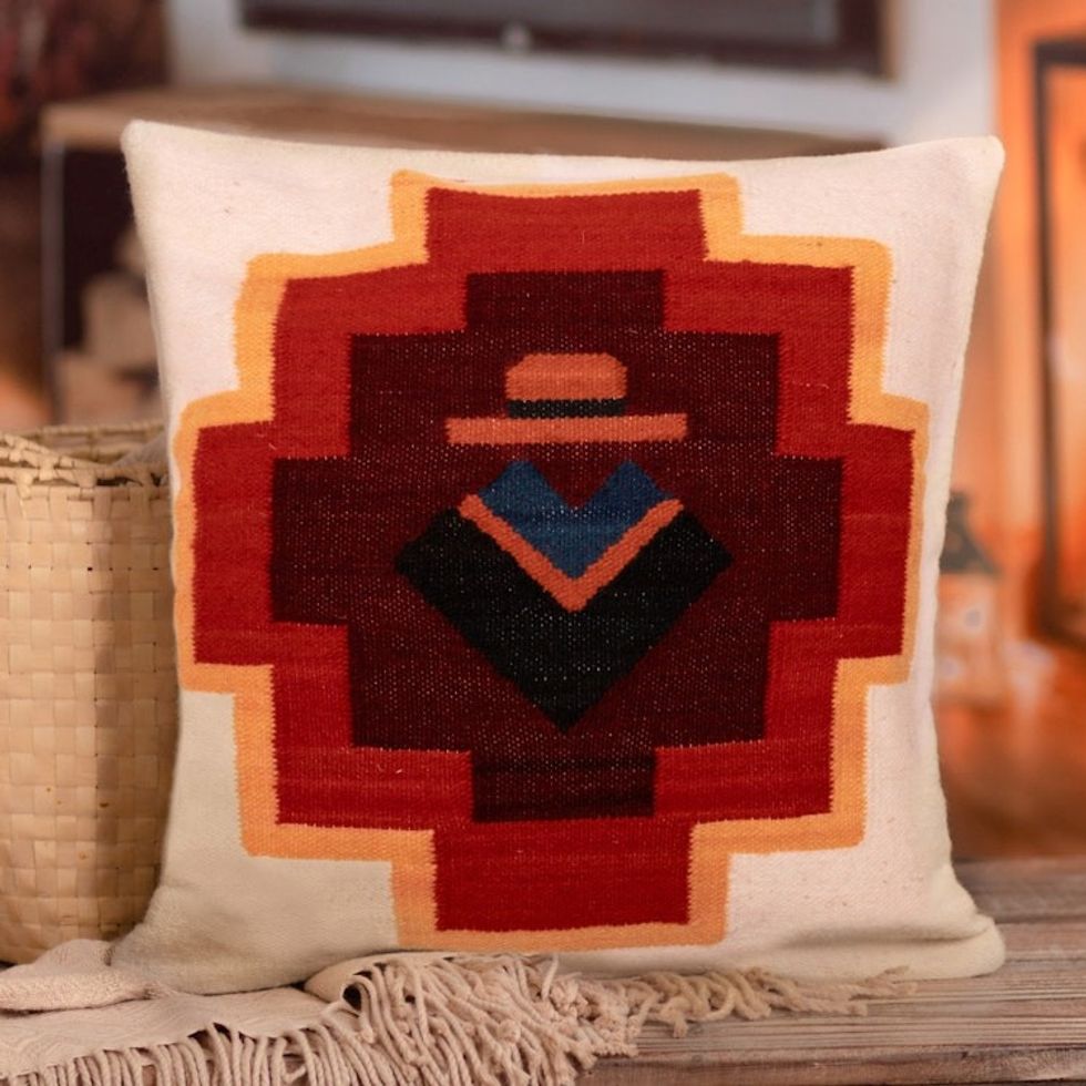 Andean Man and Chakana Cross Hand Loomed Wool Cushion Cover 'Chakana Essence'
