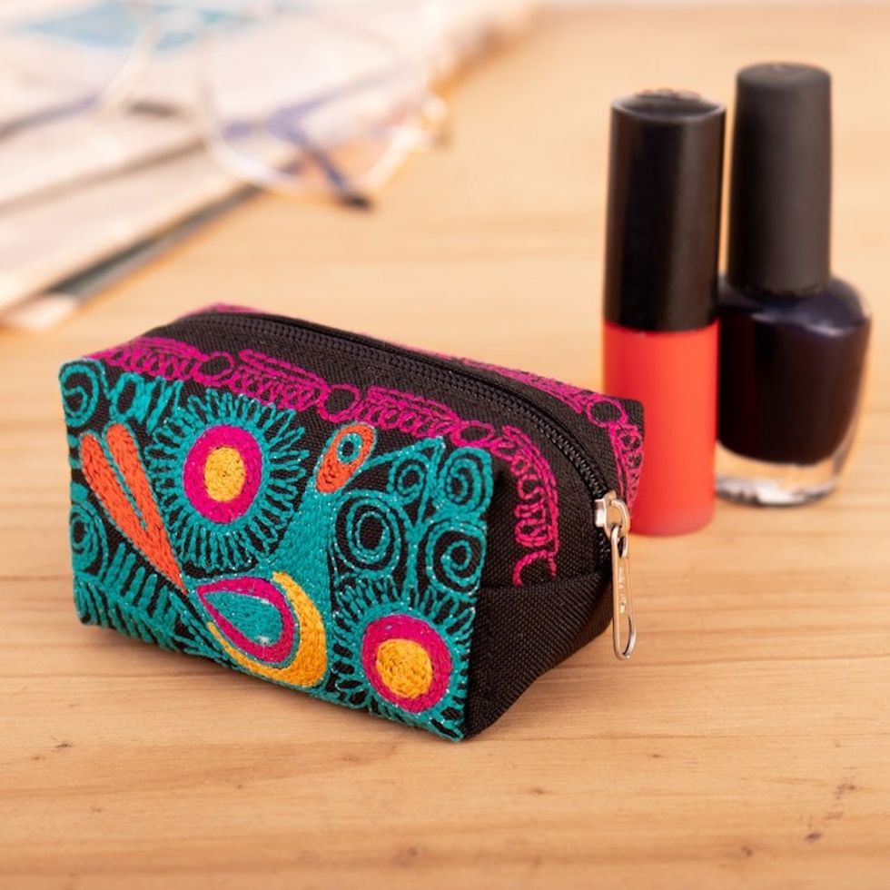 Andean-Themed Turquoise and Fuchsia Embroidered Cosmetic Bag 'Charmed Feathers'