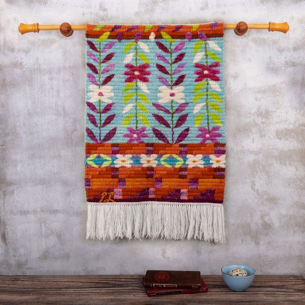 Floral Themed Multicolor Wool Tapestry Handloomed in Peru 'Beautiful Climbing Flowers'