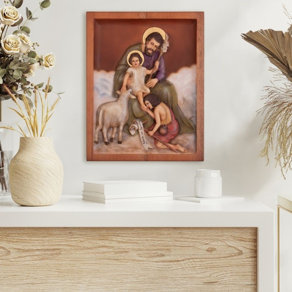 Peruvian Handmade Cedarwood Joseph and Jesus Relief Panel 'Sweet Reverence'