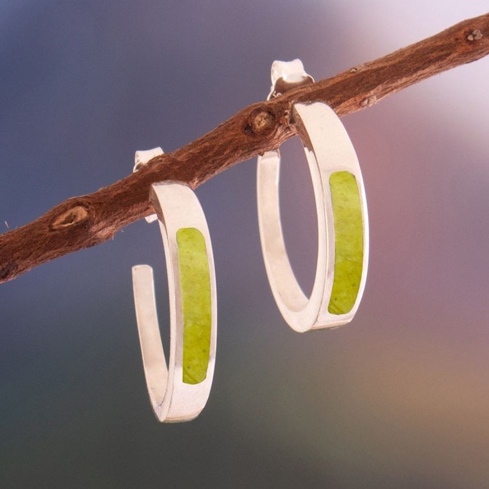 Silver Half-Hoop Earrings with Inlaid Serpentine Gem 'Dual Enchantment'