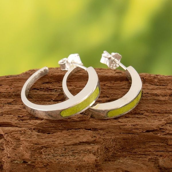Alternate image for Silver Half-Hoop Earrings with Inlaid Serpentine Gem Dual Enchantment