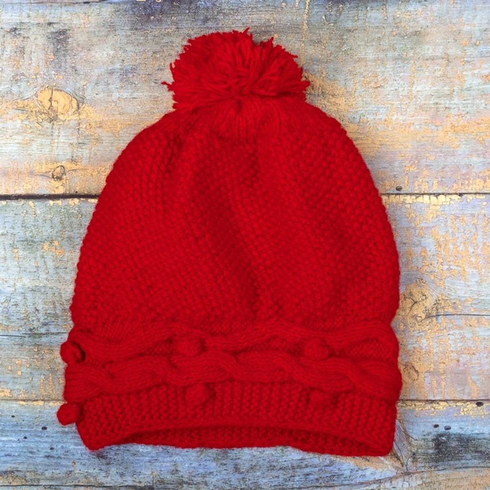 Peruvian Cable Knit Red Alpaca Blend Hat with a Pompon 'Roads in Red'