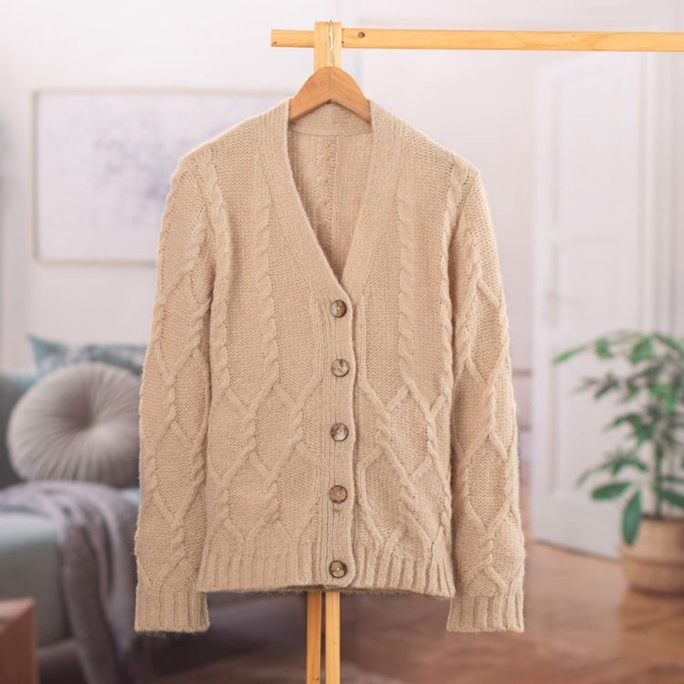 Cable Knit Soft Champagne Alpaca Blend Button-Up Sweater 'Champagne Expression'