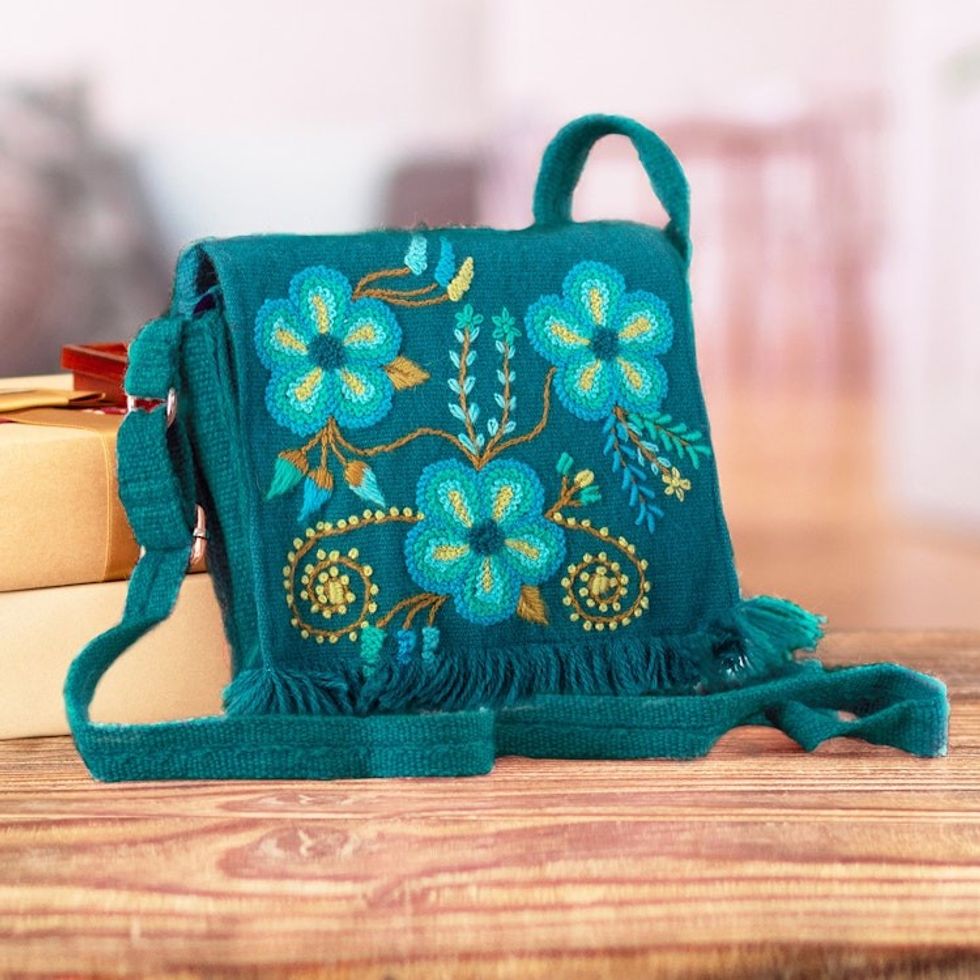 Teal Handwoven Sling Bag with Hand-Embroidered Floral Motifs 'Floral Traditions in Teal'