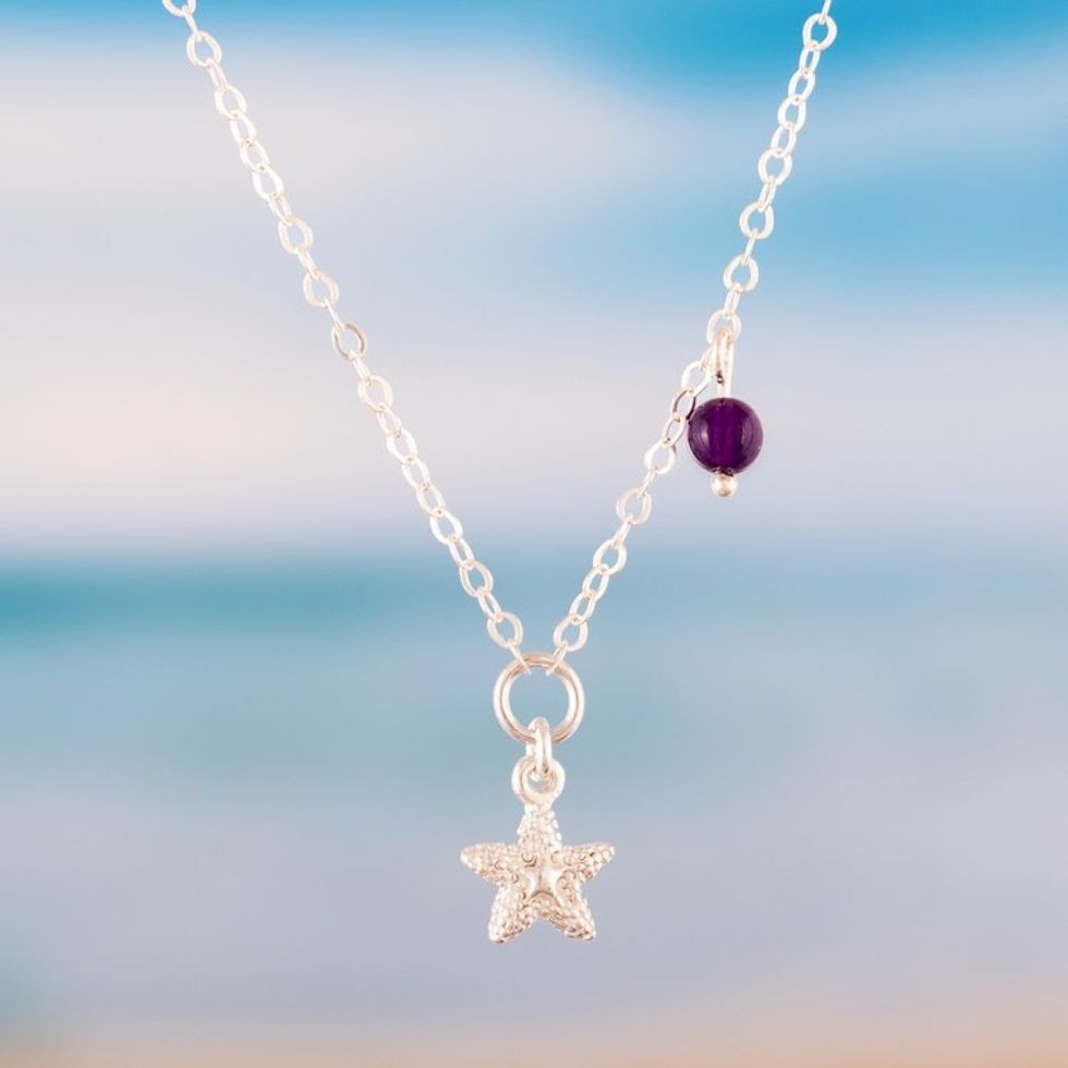 Silver Pendant Necklace with Star Motif and Amethyst Bead 'Cosmic Magic'