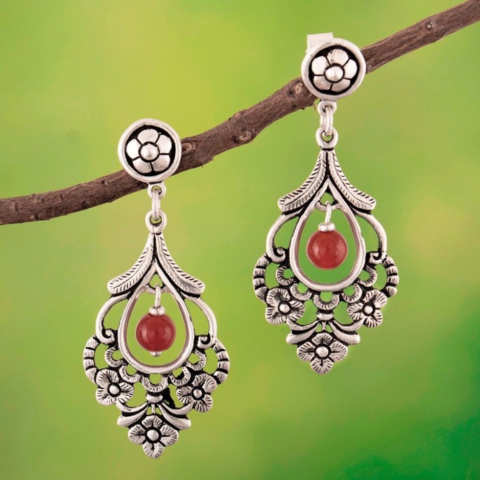 Agate 950 Silver Dangle Earrings with Oxidized Accents 'Magical Flora'